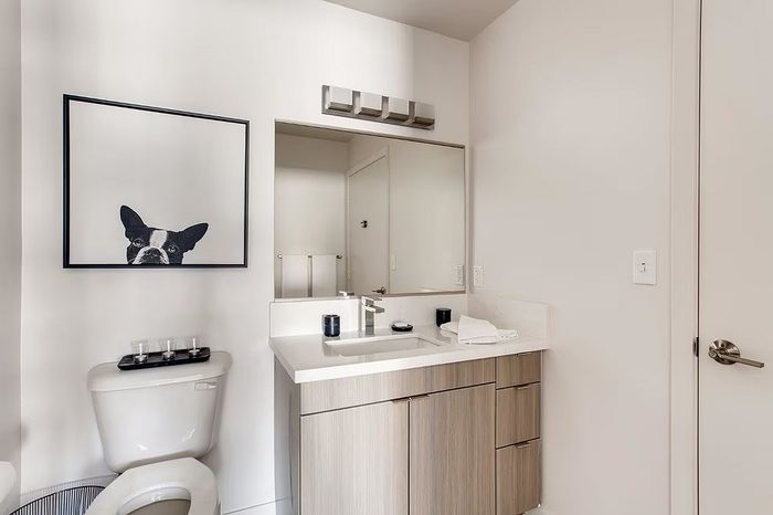 Chic bathroom with modern fixtures, light wood vanity, and playful dog artwork for a touch of whimsy.