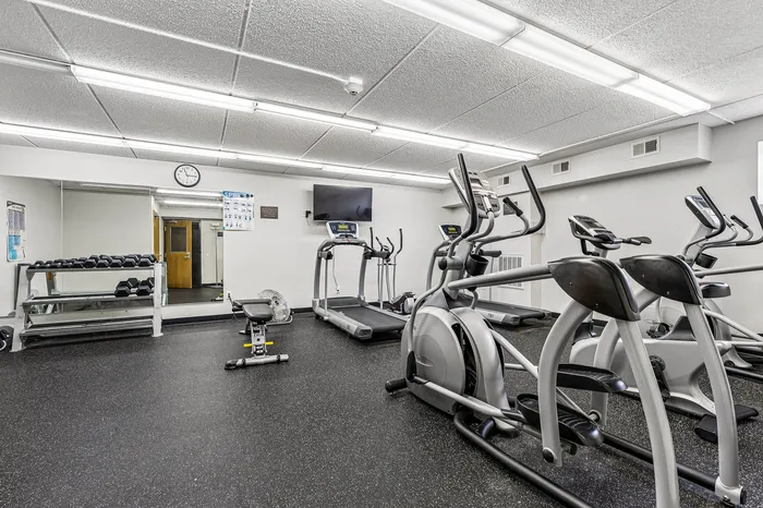 Modern fitness center equipped with treadmills, elliptical machines, and a well-stocked weight rack, perfect for an active lifestyle.