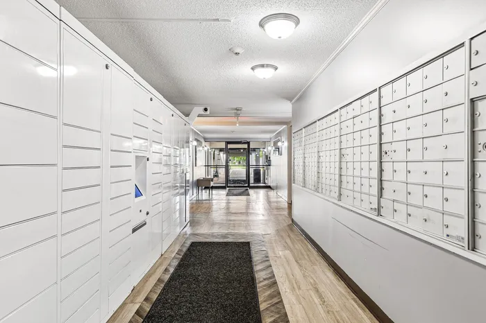 Modern apartment hallway featuring sleek mailboxes and secure package lockers, leading to an inviting entrance.