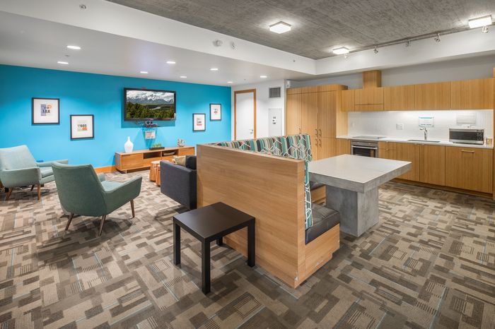 Modern open-concept living space with vibrant blue accent wall, stylish seating, and sleek kitchen with wooden cabinetry.