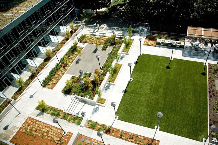Modern apartment courtyard with lush green spaces, elegant walkways, and stylish outdoor seating.