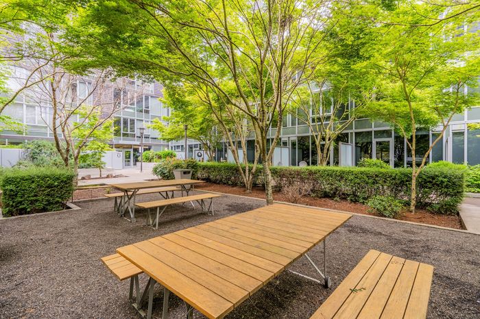 Inviting courtyard with picnic tables surrounded by lush greenery, perfect for outdoor relaxation.