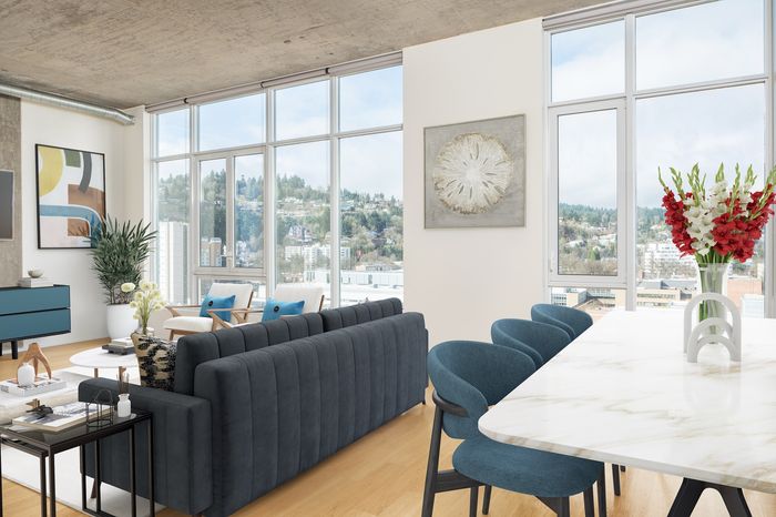 Chic modern living room with panoramic city views, featuring contemporary art, sleek furnishings, and elegant decor.