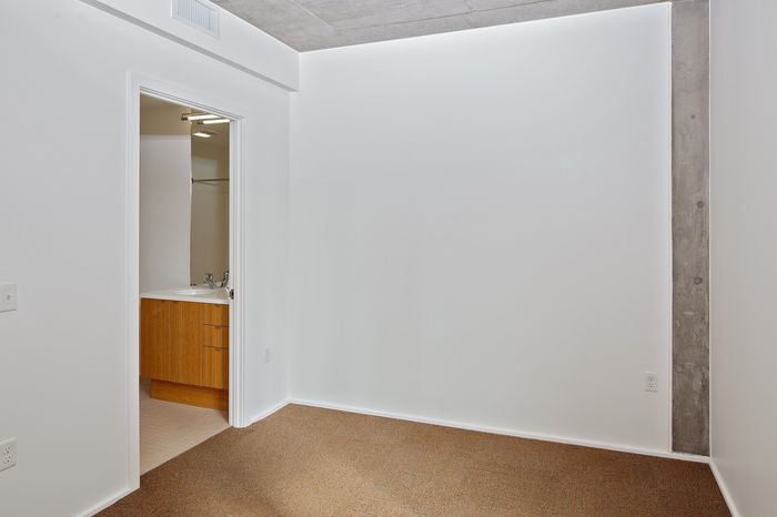 Bright and airy room featuring modern design with a warm-toned carpet and a sleek bathroom entrance.