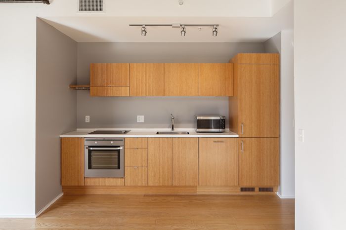 Modern kitchen with sleek wood cabinets, stainless steel appliances, and ample countertop space, offering a stylish and functional cooking area.