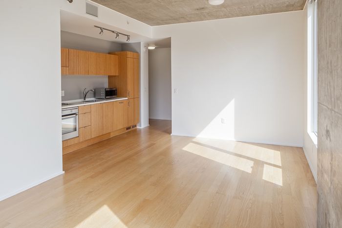 Bright, modern studio apartment with sleek hardwood floors, minimalist kitchen, and abundant natural light.