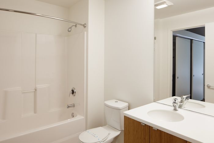 Modern bathroom featuring a sleek vanity, pristine bathtub, and elegant fixtures in a bright, spacious setting.