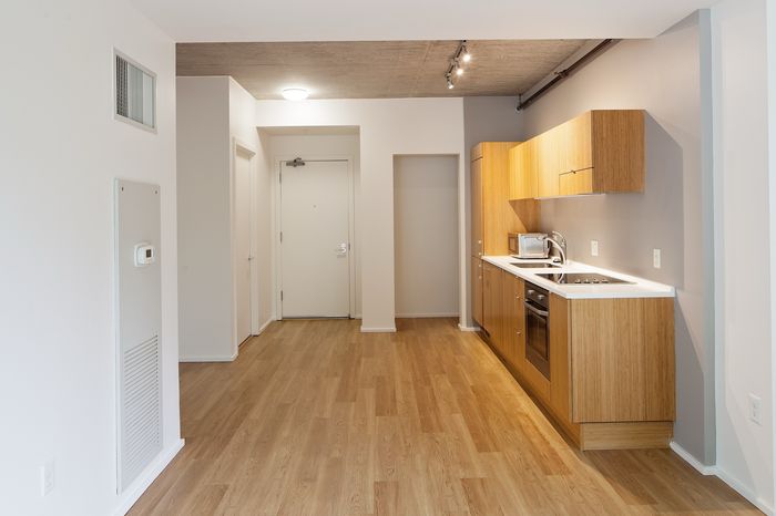 Modern apartment entrance with sleek wood flooring and a stylish compact kitchen featuring warm cabinetry and updated appliances.