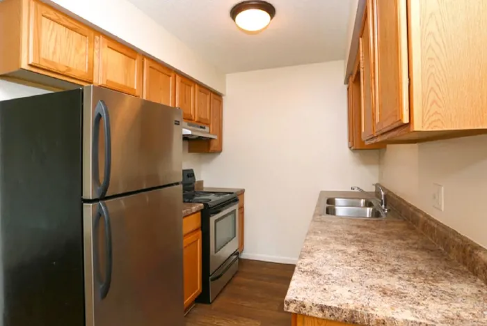 Contemporary kitchen with sleek stainless steel appliances, rich wooden cabinetry, and ample counter space.