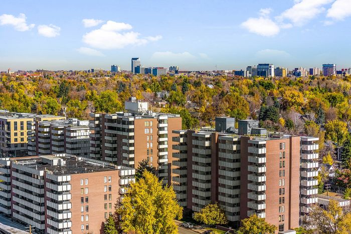 Scenic cityscape view highlighting modern apartment buildings surrounded by vibrant autumn foliage and a clear blue sky backdrop.