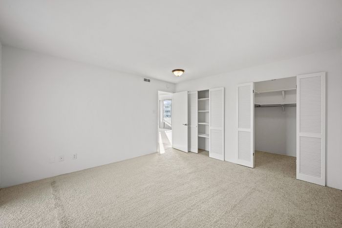 Spacious bedroom with plush carpet flooring, built-in shelves, and a large open closet, inviting abundant natural light through the open door.