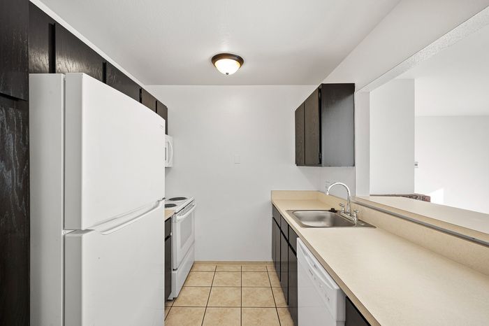 Modern kitchen with sleek dark cabinets, bright white appliances, and a spacious countertop for an elegant cooking experience.
