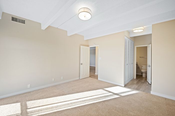 Bright and spacious bedroom with plush carpeting, ample natural light, and an en-suite bathroom in a modern apartment.