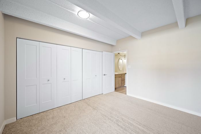 Bright and inviting bedroom with soft carpet flooring, ample closet space, and convenient access to a modern bathroom.