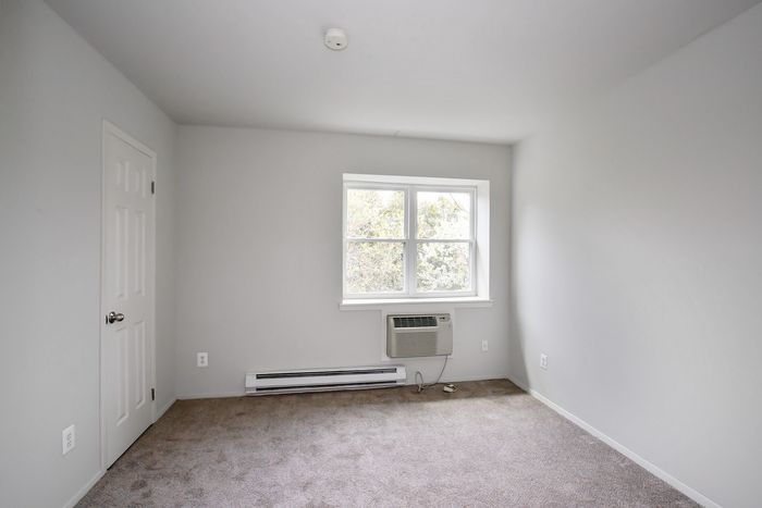Bright, freshly painted room with plush carpeting and a large window allowing natural light, perfect for a cozy and inviting living space.
