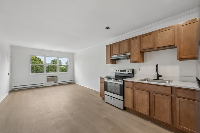 Bright and airy open-plan kitchen and living area with stylish wooden cabinets and large windows offering lush green views.