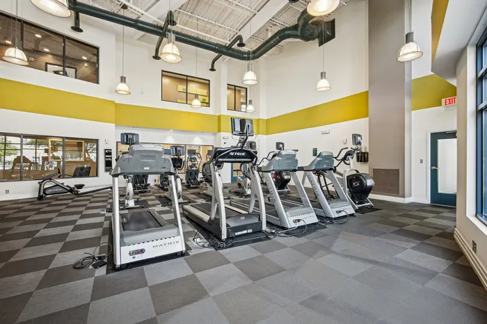 Modern fitness center with state-of-the-art treadmills and ample natural light, featuring high ceilings and stylish interior design.