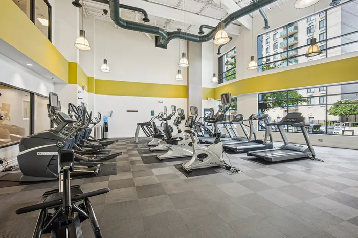 Bright, modern gym with state-of-the-art exercise machines, large windows, and stylish lighting.