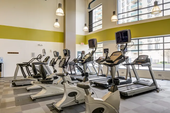 Bright and modern fitness center with state-of-the-art treadmills and exercise bikes, set in a spacious room with high ceilings and large windows.