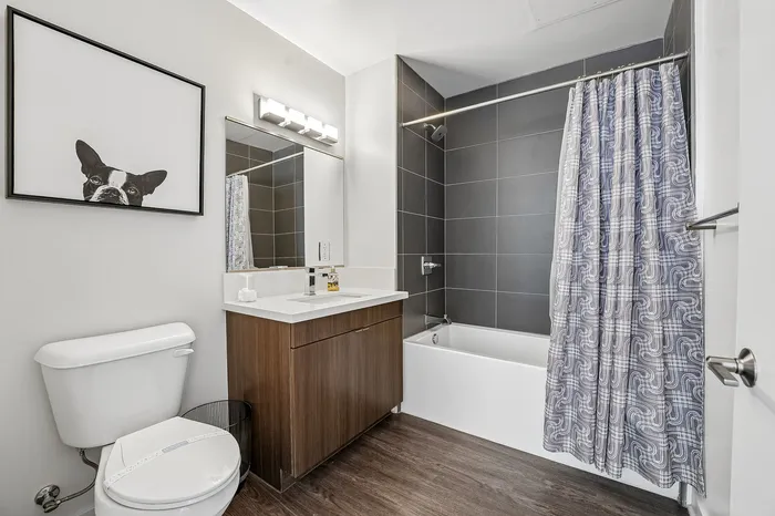 Elegant bathroom with modern design featuring a chic vanity, white toilet, and a stylish bathtub with patterned shower curtain, highlighted by artistic wall decor and sleek flooring.