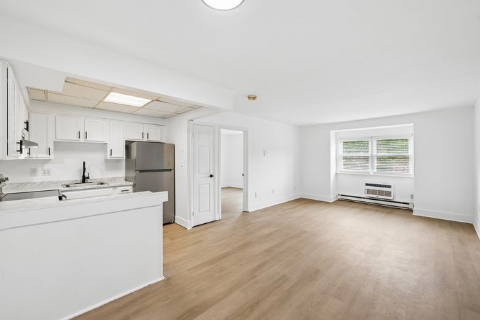 Bright and spacious open-plan apartment with a modern kitchen, wood flooring, and abundant natural light from large windows.