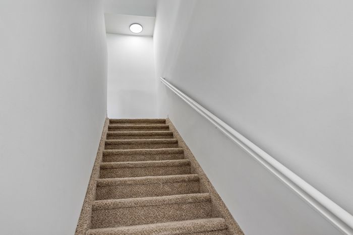 Bright and inviting staircase with soft carpeting and modern railings, leading to an upper floor in a stylish apartment.