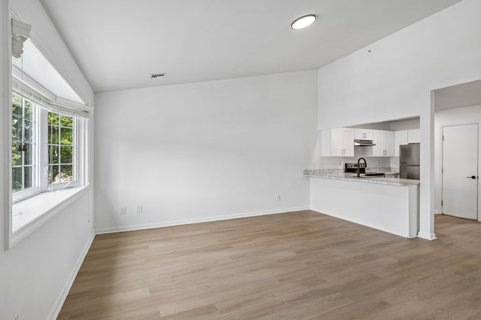 Bright and airy apartment featuring an open-plan kitchen with modern appliances, elegant wood flooring, and large windows allowing natural light to fill the space.