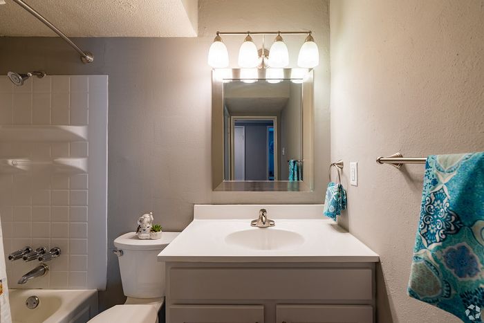Modern bathroom with elegant lighting and decorative blue accents featuring a sleek vanity mirror.