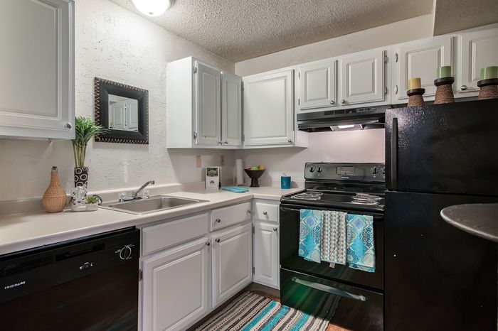 Charming kitchen with modern black appliances, sleek white cabinets, and stylish decor.