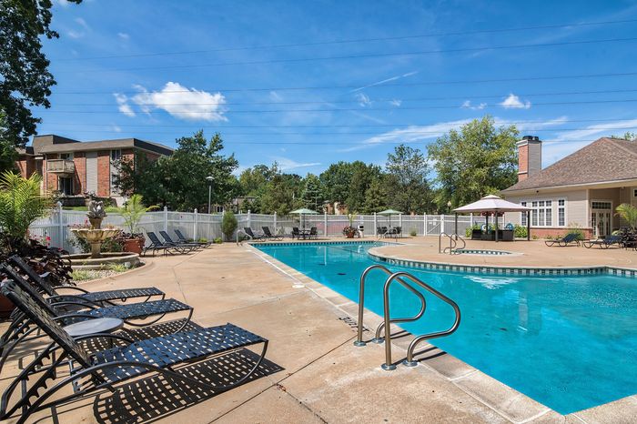Inviting outdoor pool area with elegant lounge chairs and lush greenery, perfect for relaxation and leisure under the blue sky.