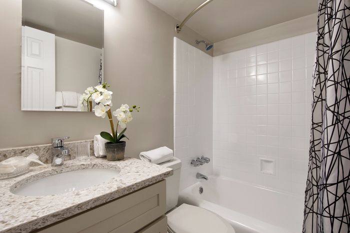 Elegant bathroom showcasing a granite countertop with a sleek sink, modern faucet, and exquisite orchid d&eacute;cor beside a pristine bathtub with a stylish shower curtain.