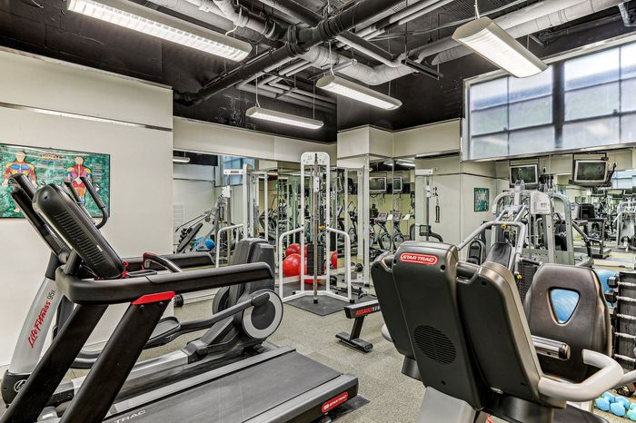 Modern fitness center with state-of-the-art equipment including treadmills, weight machines, and exercise balls in a spacious, well-lit room.