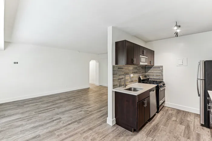 Modern apartment kitchen with sleek dark cabinets, stainless steel appliances, and elegant backsplash, leading to a bright, open living area with stylish hardwood flooring.
