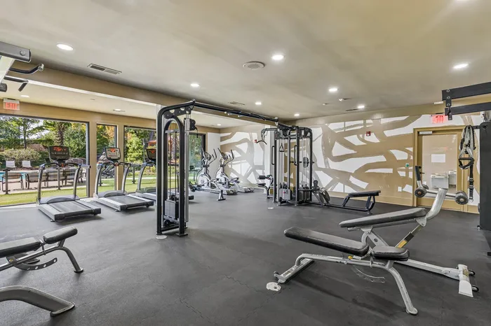 Modern fitness center with state-of-the-art gym equipment, large windows, and vibrant outdoor views.