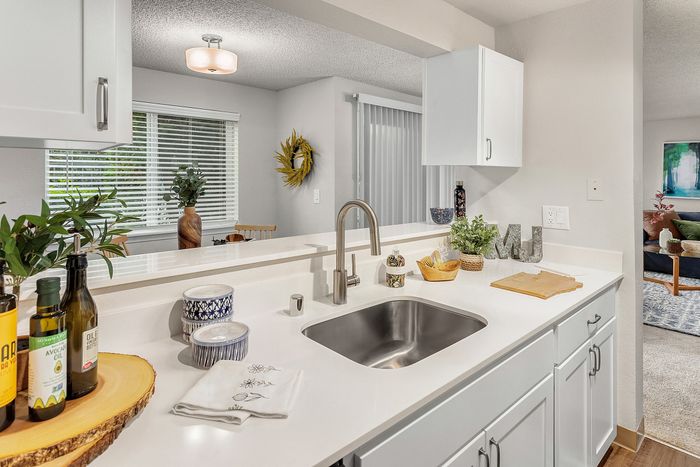 Modern kitchen with sleek white countertops, stainless steel sink, and elegant decor, offering a refreshing and inviting ambiance.