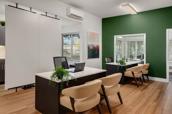 Modern office space with sleek desks and stylish chairs against a green accent wall, featuring natural light and vibrant decor.