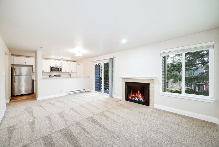 Inviting open-concept living room with cozy fireplace, modern kitchen, and large window views.