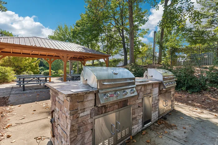 Charming outdoor area featuring a stainless steel barbecue grill and shaded picnic tables surrounded by lush greenery.