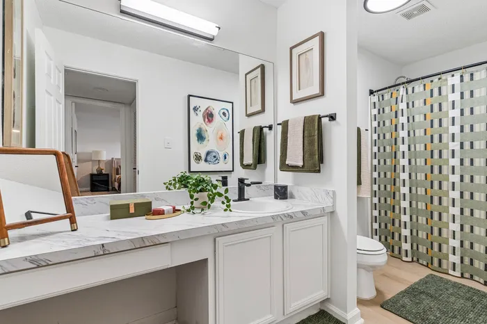 Chic bathroom interior featuring a modern marble countertop, stylish black faucet, and vibrant geometric shower curtain, enhanced by decorative artwork and lush greenery.