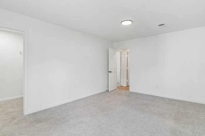 Bright and spacious bedroom with fresh carpeting and a modern ceiling light, featuring a walk-in closet and open doorway leading to the hallway.