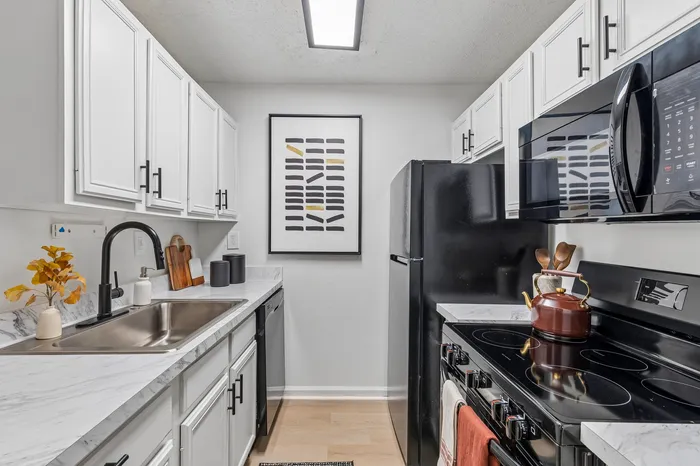 Modern kitchen with sleek black appliances, white cabinetry, and elegant marble countertops, enhanced by contemporary wall art.