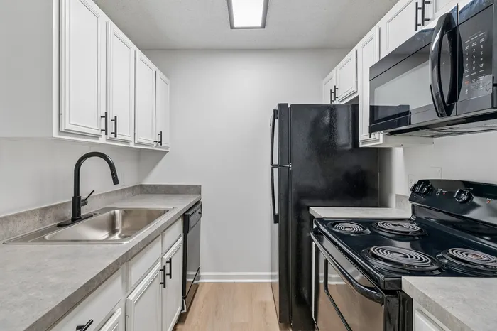 Modern kitchen with sleek black appliances, elegant white cabinetry, and a stylish sink faucet, perfect for culinary enthusiasts.