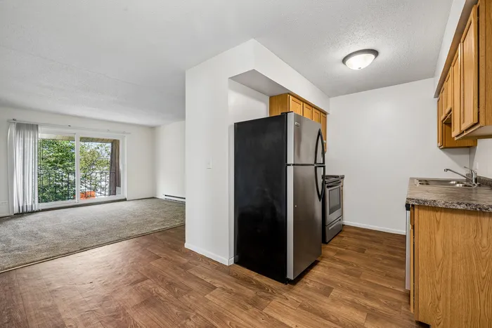 Bright open-concept living area featuring a modern kitchen with sleek appliances, hardwood floors, and large windows offering lush green views.