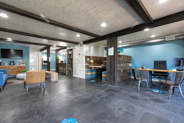 Modern office space with rustic wooden accents, vibrant seating areas, and sleek workstations. Ideal for creative professionals.