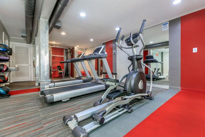 Modern gym with state-of-the-art treadmills, elliptical machines, and vibrant red accents, perfect for a dynamic workout experience.