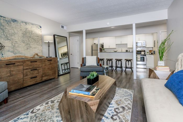 Bright, modern open-plan living room with stylish wood accents, elegant kitchen, and cozy seating area. Perfect for entertaining and relaxation.