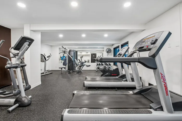 Modern fitness center with state-of-the-art treadmills and strength training equipment in a bright, spacious room.