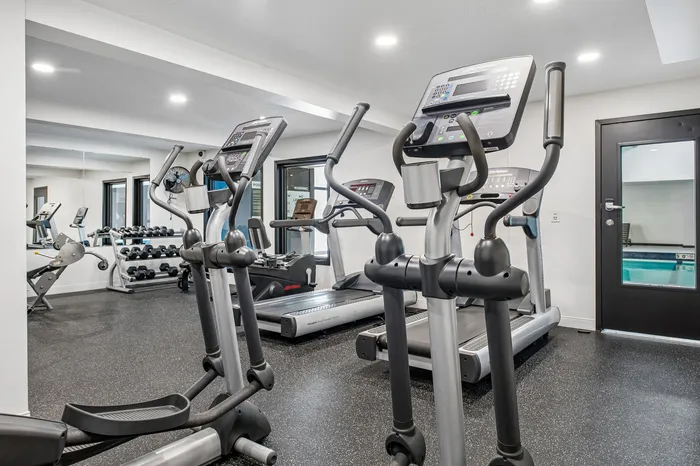 Modern fitness center with state-of-the-art treadmills, ellipticals, and a well-equipped weight area, offering a bright and inviting workout space.