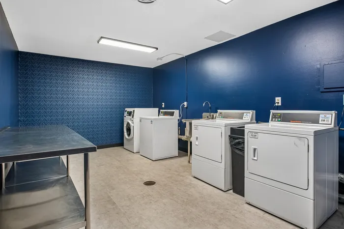 Modern laundry room with sleek design featuring washers and dryers, spacious countertop, and vibrant blue accent wall.