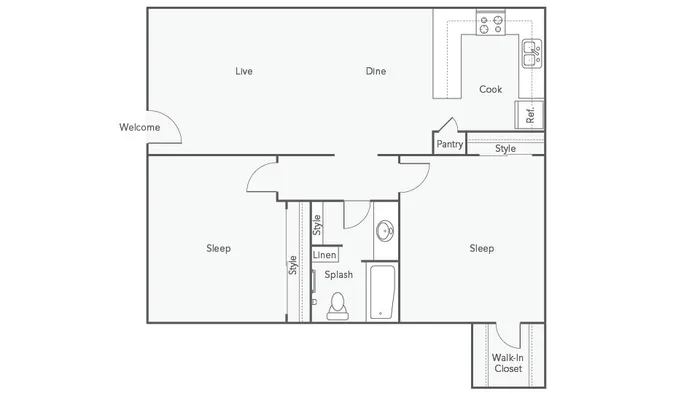 2 BR x 1 BA - A Floorplan | ReNew Greenway in Houston